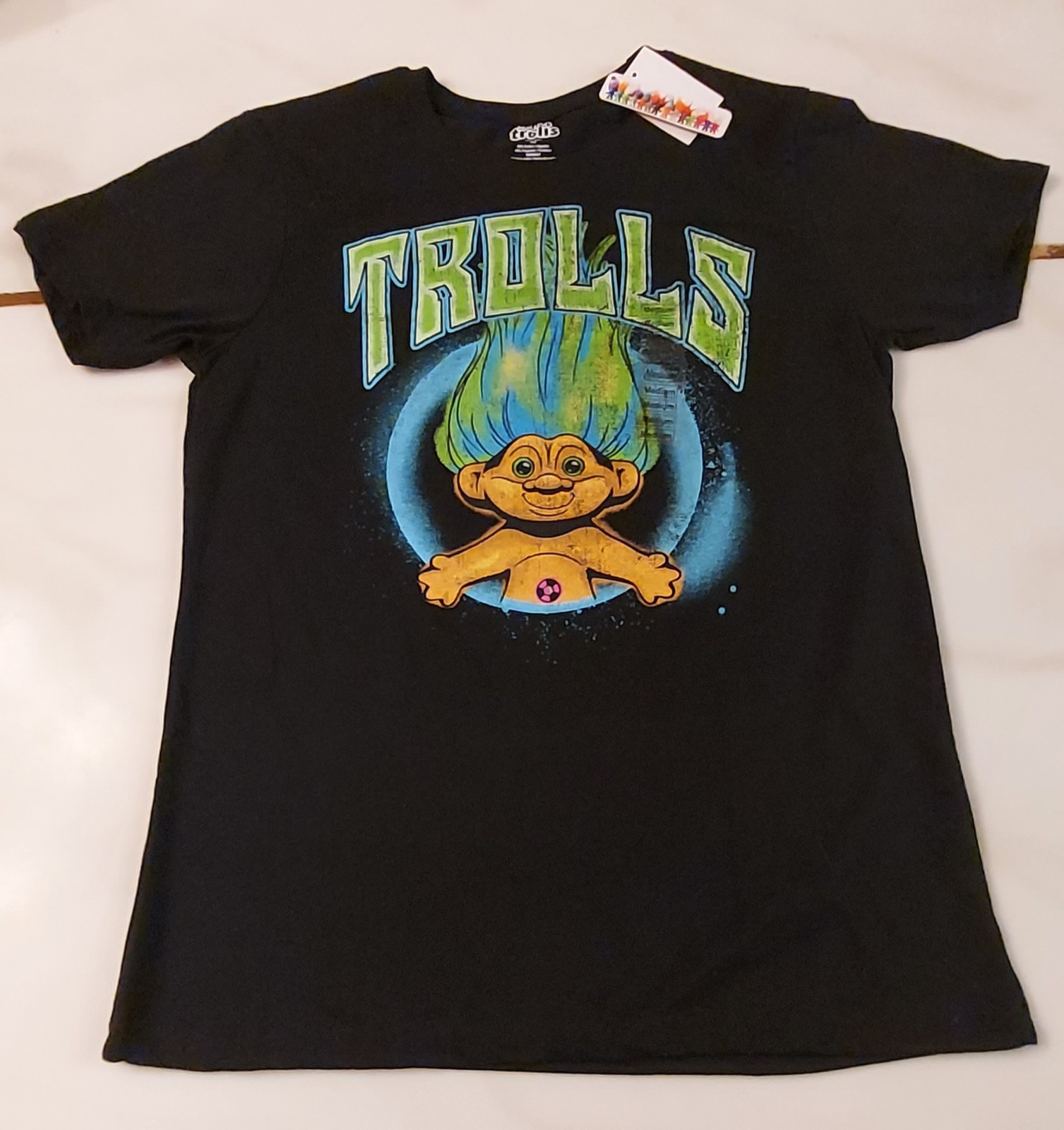 NWT VINTAGE STYLE TROLLS ADULT MEN’S MEDIUM GOOD LUCK DREAMWORKS BLACK T-SHIRT