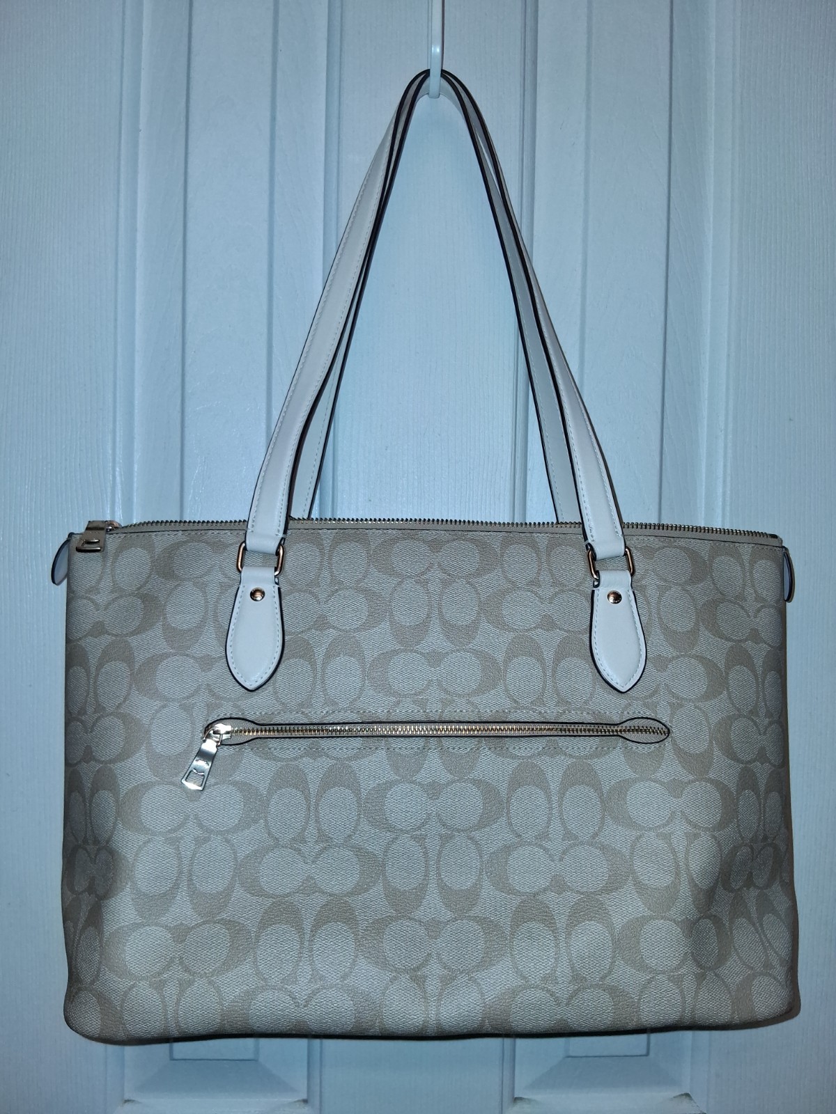 Coach CH504 Cream, Tan Canvas and Leather Signature Gallery Tote Bag Purse