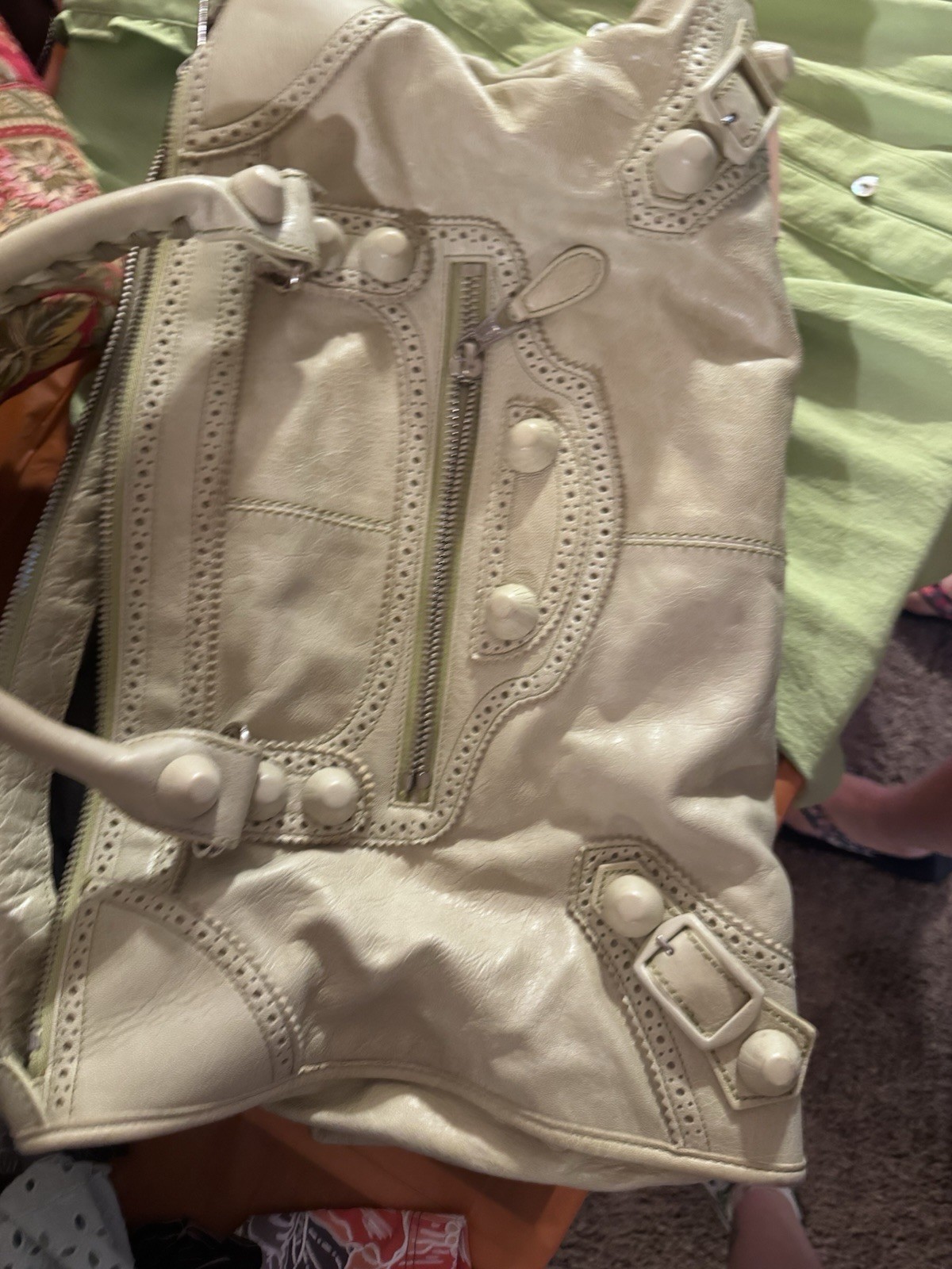 Balenciaga Beige Large Satchel Top Handle Zip Studded, Pockets, Vintage