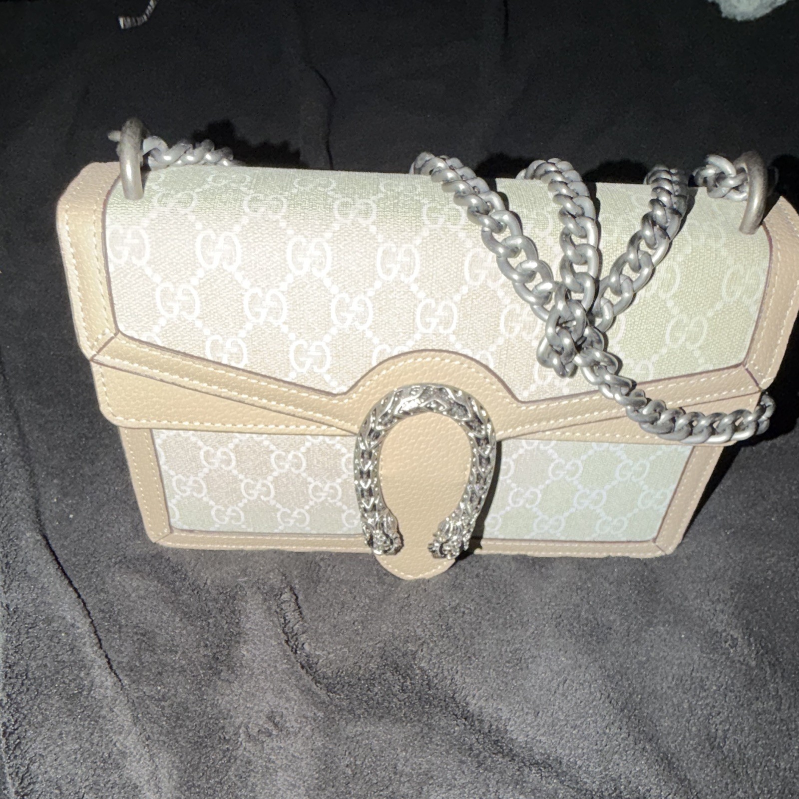 Gucci GG Pattern Beige Small Shoulder Bag with Silver Chain Strap Snap Closure