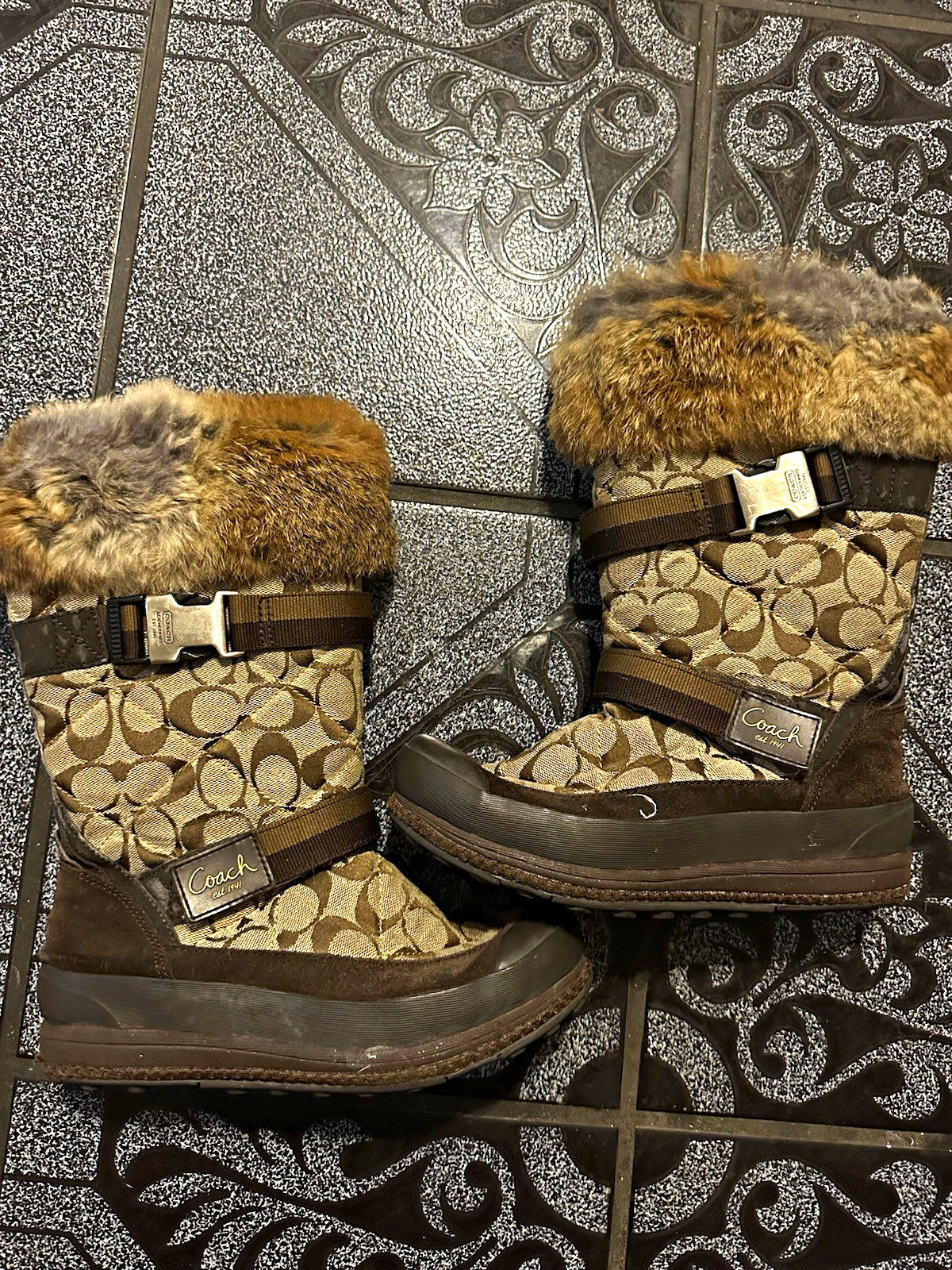Coach Womens Brown/Beige Leather Mid-Calf Zip Fur Trim Snow Boots US 6