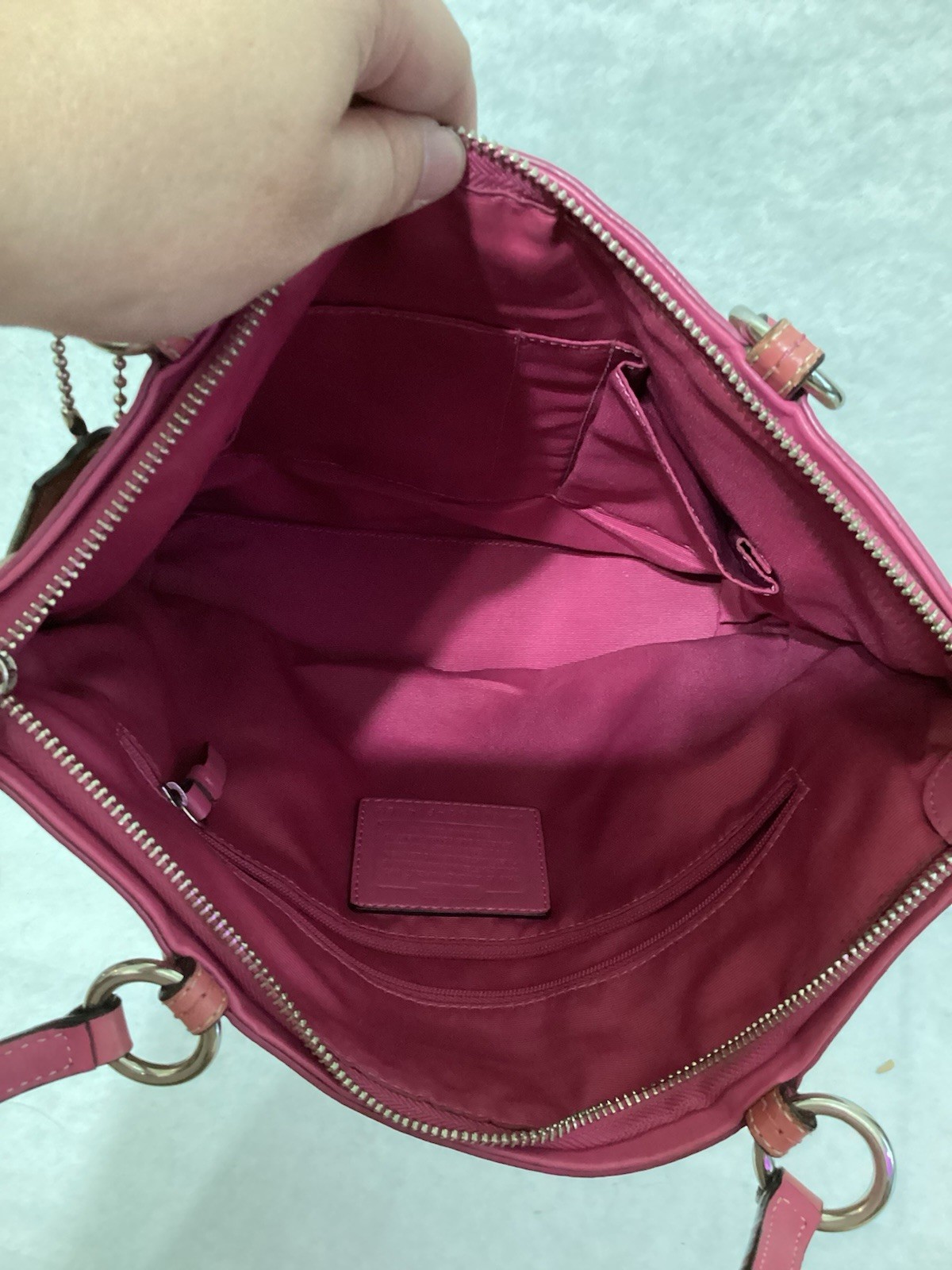 Coach Horse & Carriage Script Sateen Tote Bag Champagne/Pink Trim F14482 As-Is