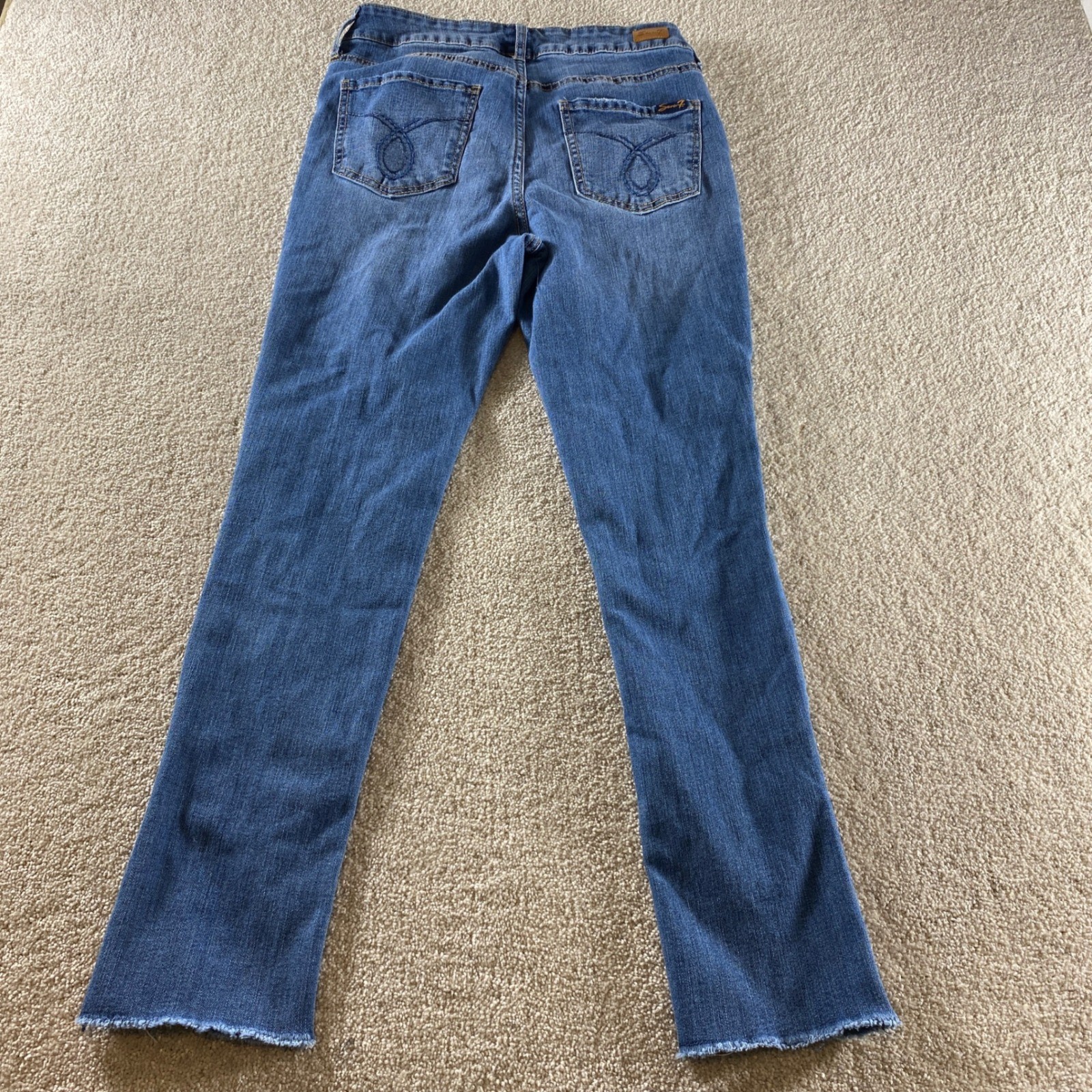 Seven7 Slim Straight Jeans Womens 8 Blue Excellent Distressed High Rise Raw Hem
