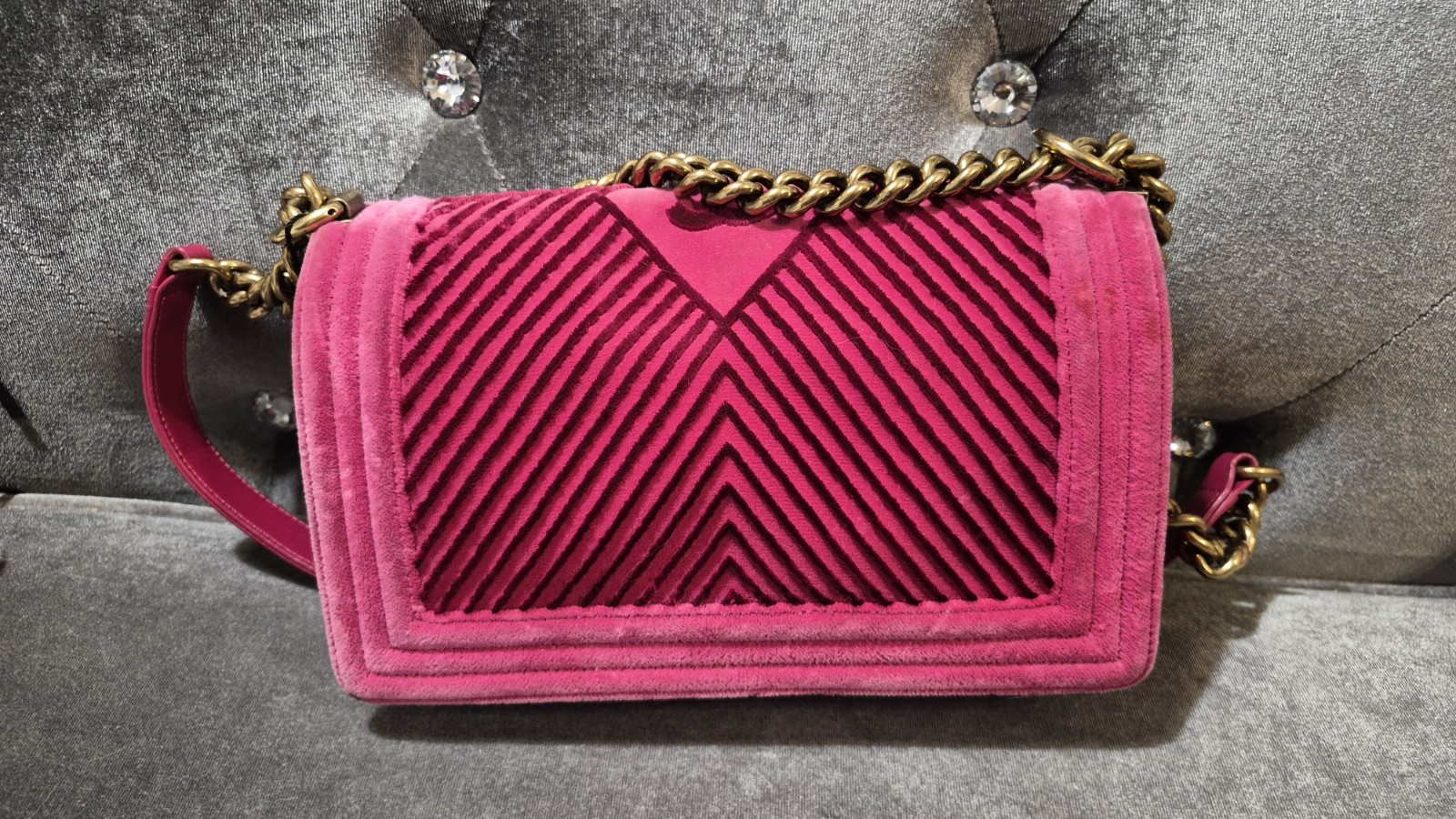 CHANEL Paris-Cosmopolite Chevron Pink Velvet Boy Bag Purse Gold Chain Strap, COA