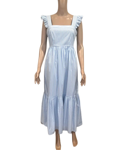 Gal Meets Glam Midi Dress Size 2 Blue/White Striped Ruffle Strap *NWOT*