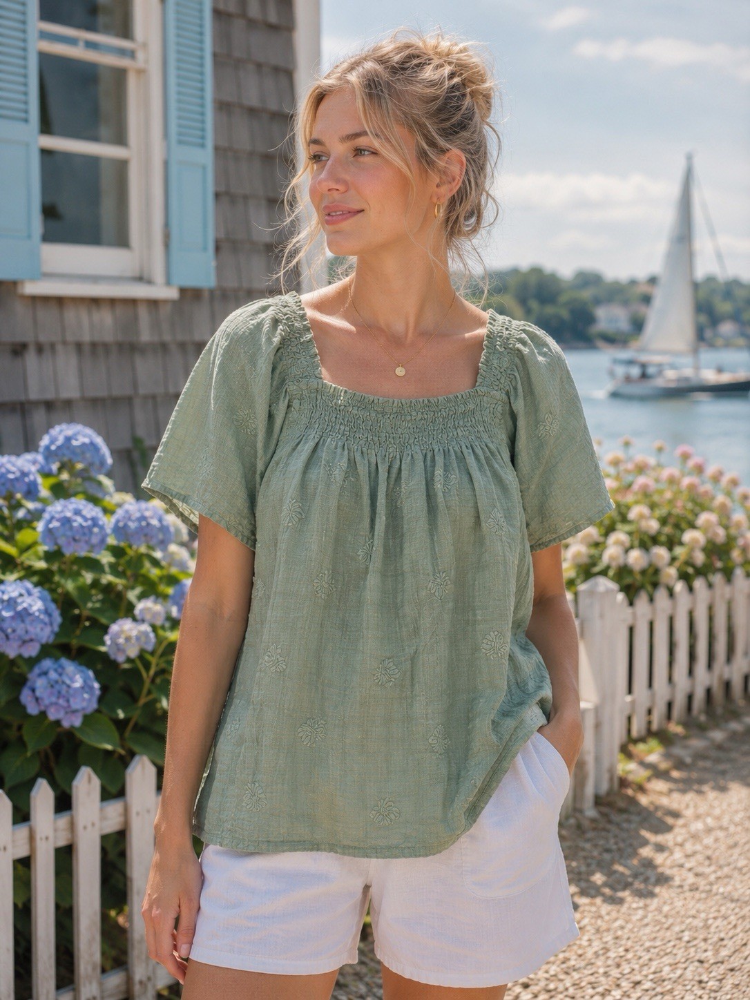 Madewell Women’s L Green Blouse Cotton Top Peasant Babydoll Smocked Cottagecore