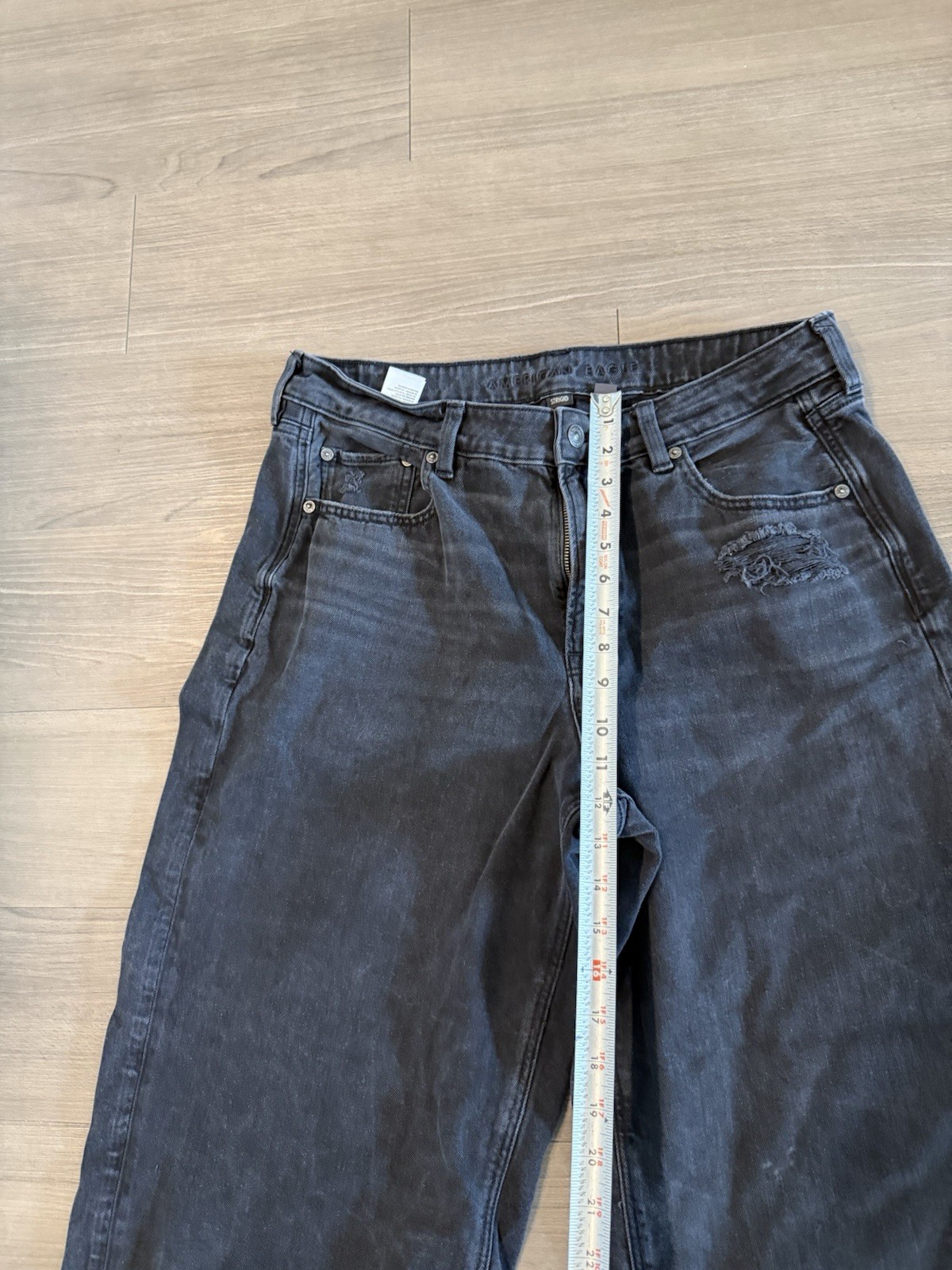 American Eagle Strigid Jeans 14 Black Gray Whiskered Wide Leg Stretch Baggy