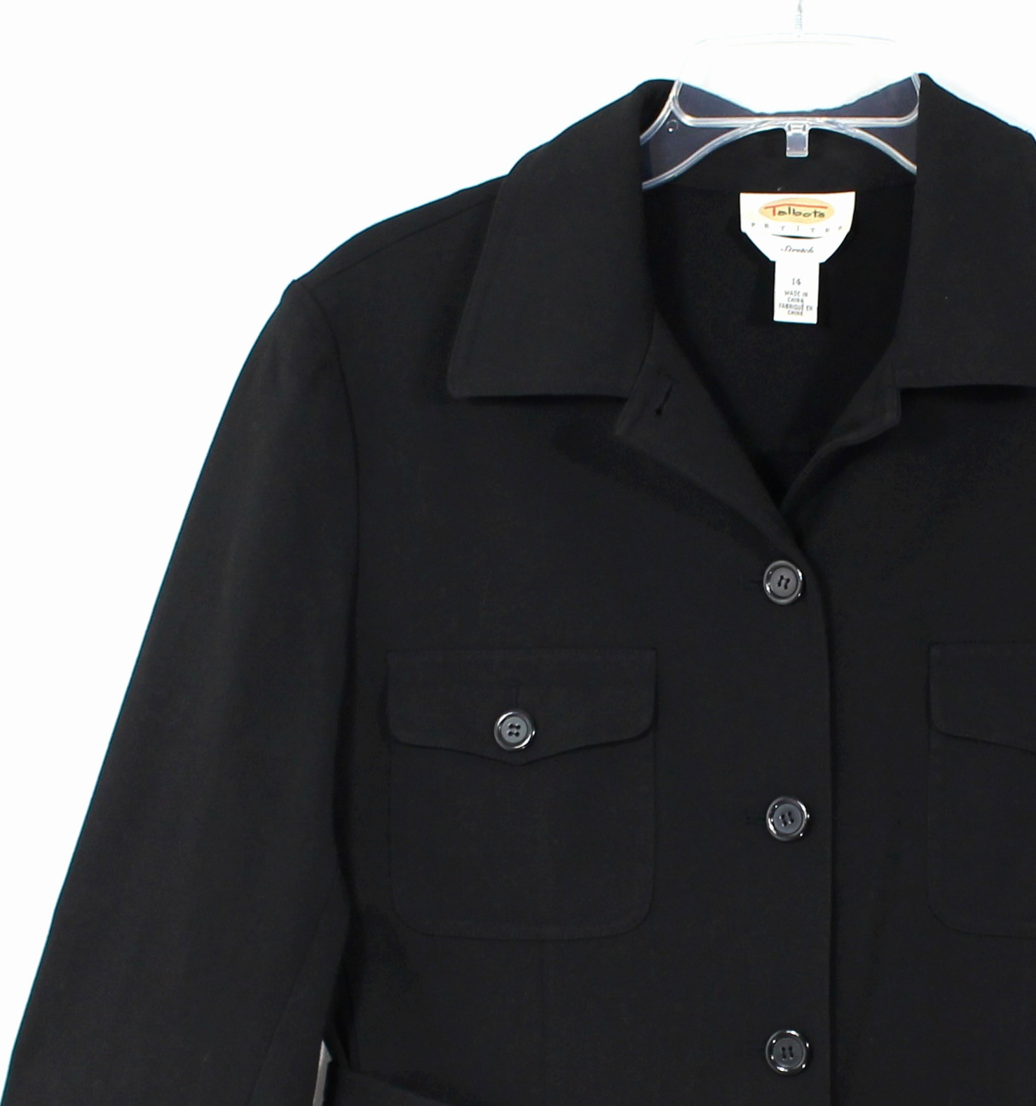 Talbots Petite 14 Black Stretch Utility Jacket Belted Safari Career Pockets