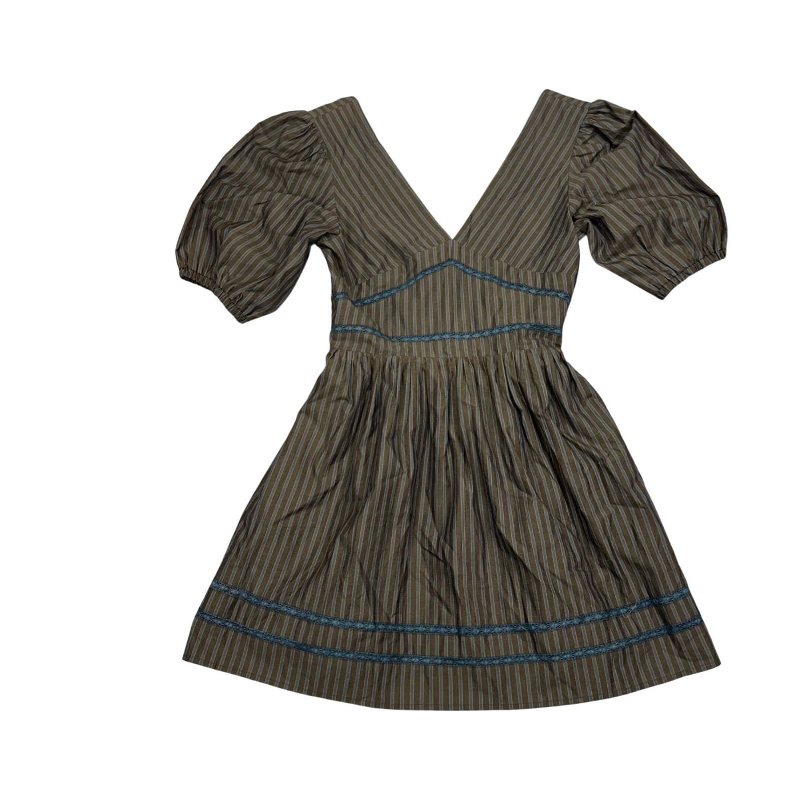Jacquie The Label Brown Blue Striped Puff Sleeve V-Neck Mini Dress Small Smocked