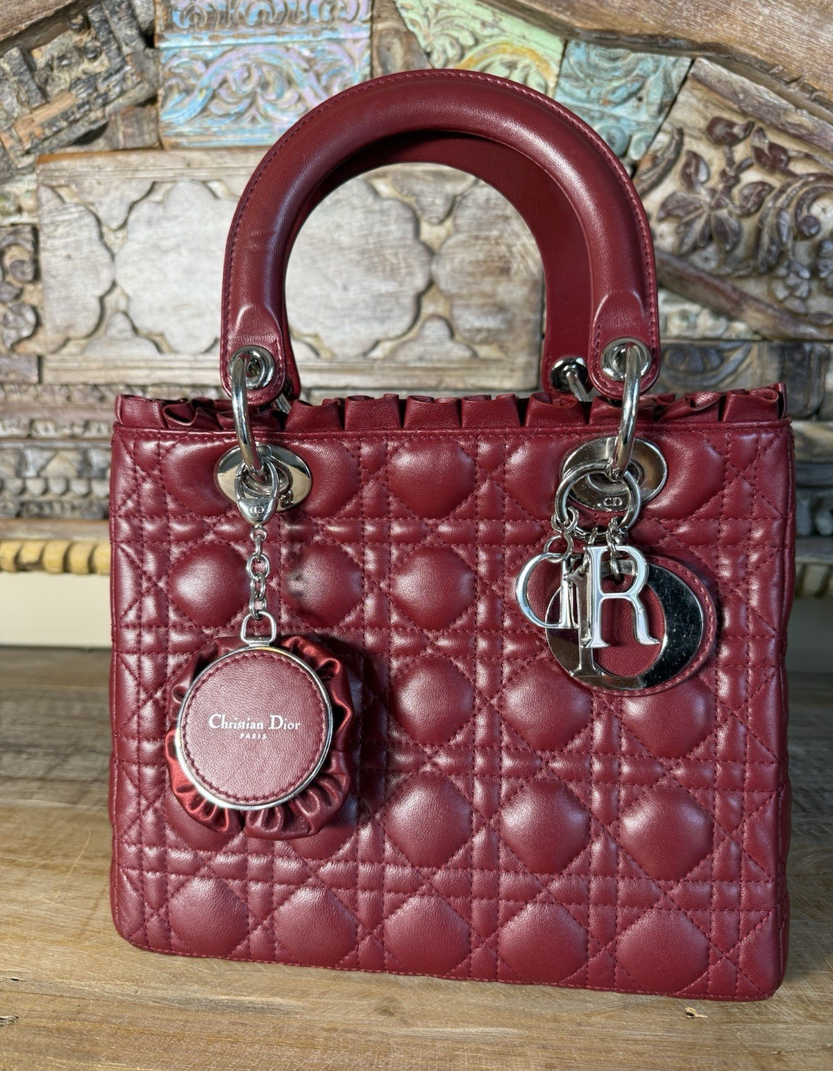 Dior Lady Dior Burgundy Cannage Quilted Satchel w/ Detachable Strap