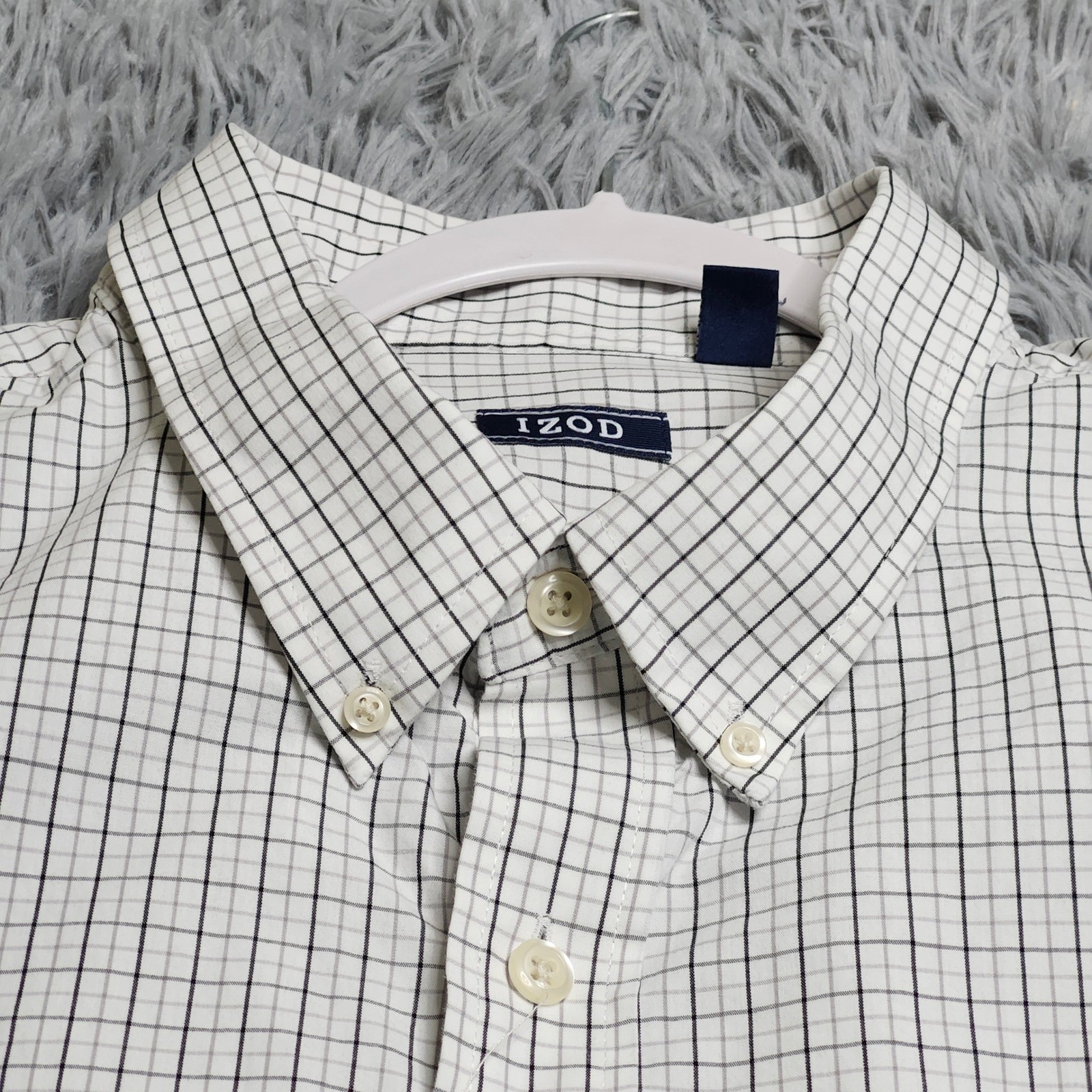 IZOD Button Down Shirt Mens 3XL White Black Gray Check Grid Cotton Long Sleeve