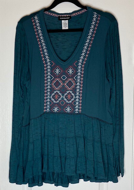 Medium New Teal Blue Embroidered Babydoll Peasant Top Lace Blouse Tee Top