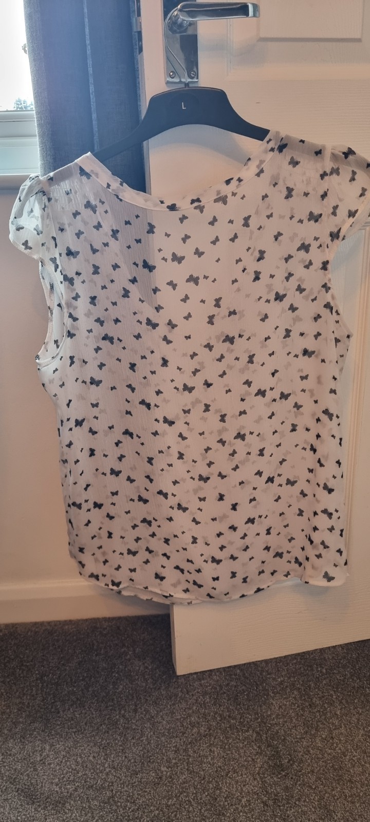 White Butterfly Print Sheer Scoop Neck Blouse with Back Tie Detailing