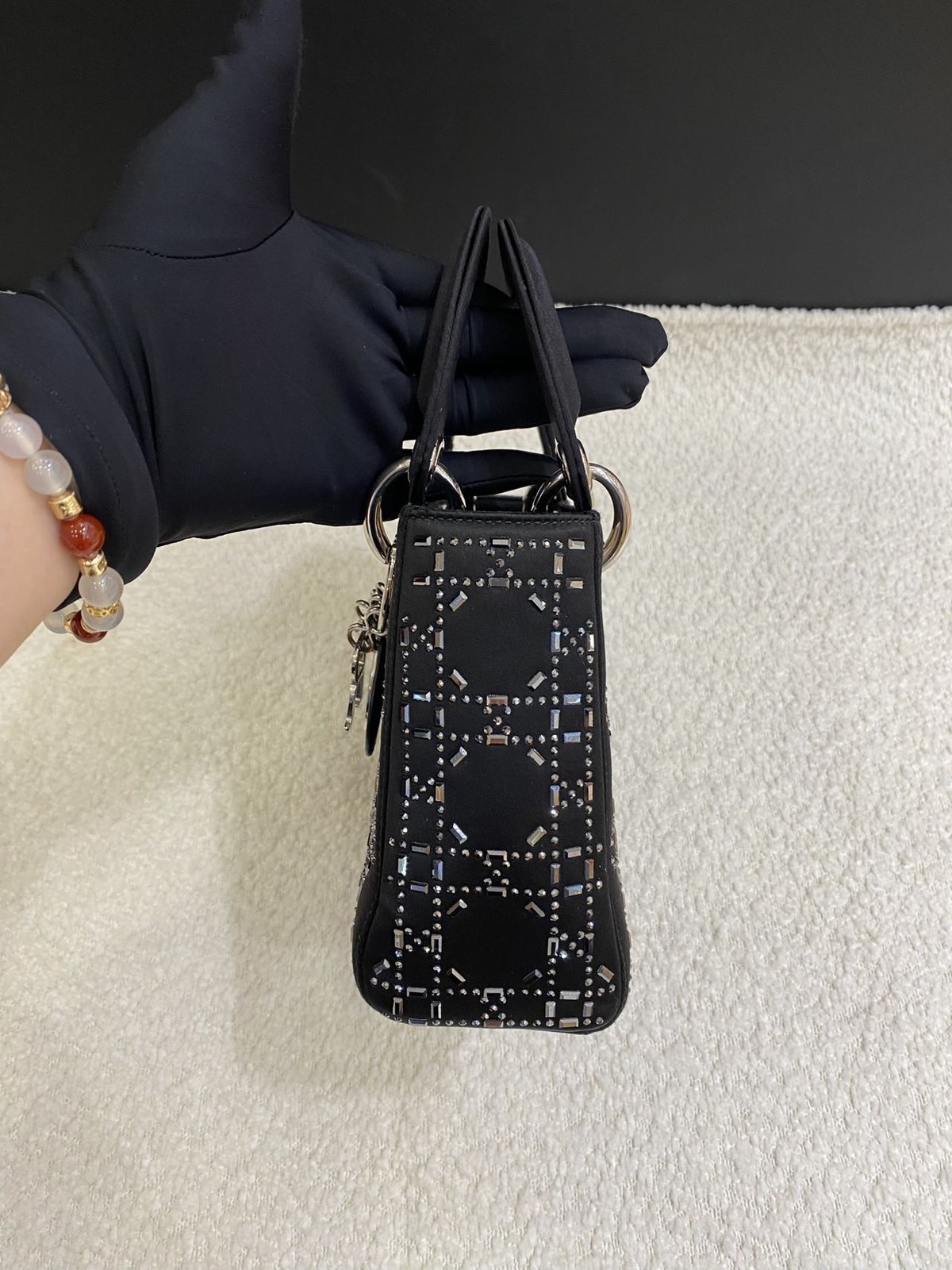 Dior Lady Dior Mini Black Satin Rhinestone 3-Grid Top Handle Bag Duty Paid