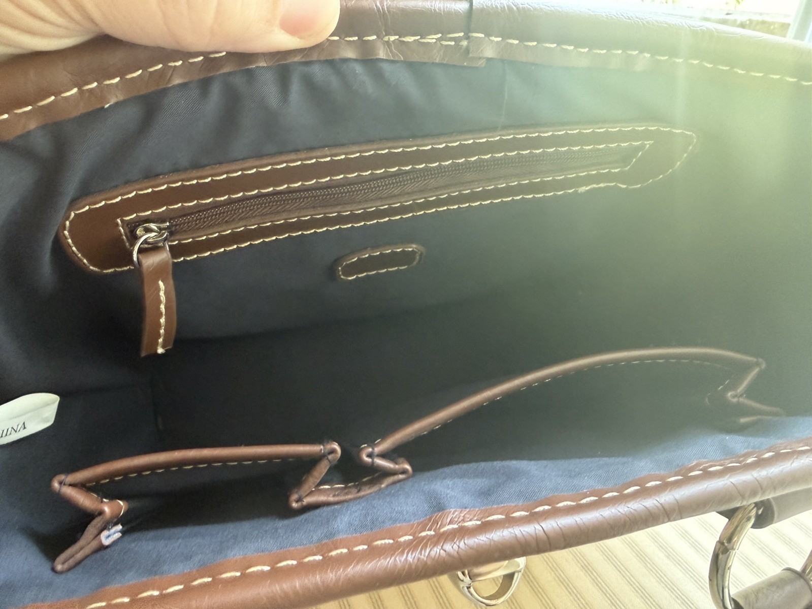 Chaps Basket Weave Purse Tote 10in x 8in brown leather handles Preowned