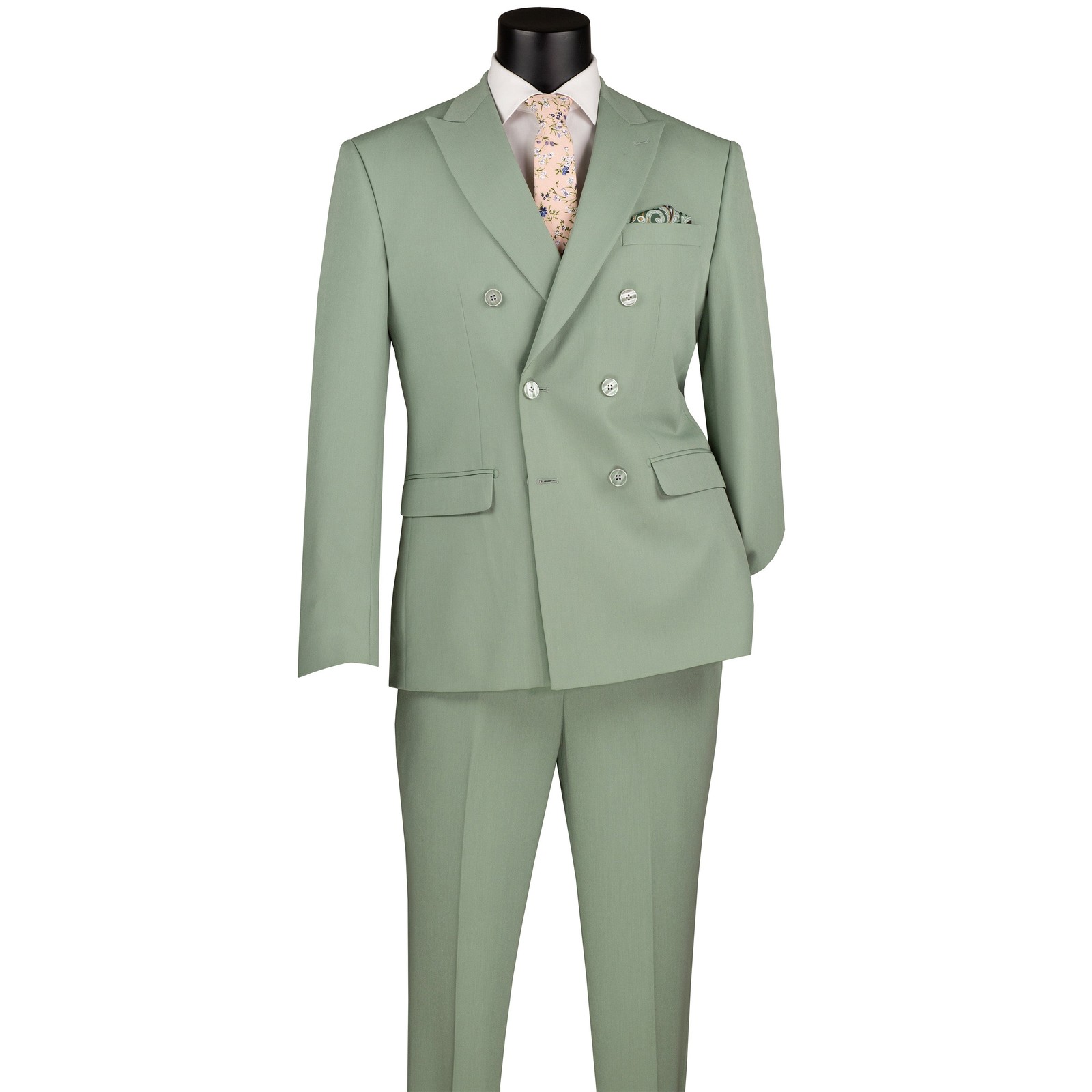 VINCI Men’s Sage Green Stretch Slim-Fit Double-Breasted Suit – NEW