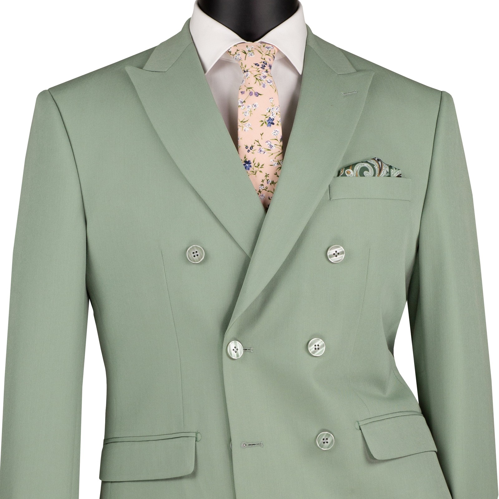 VINCI Men’s Sage Green Stretch Slim-Fit Double-Breasted Suit – NEW