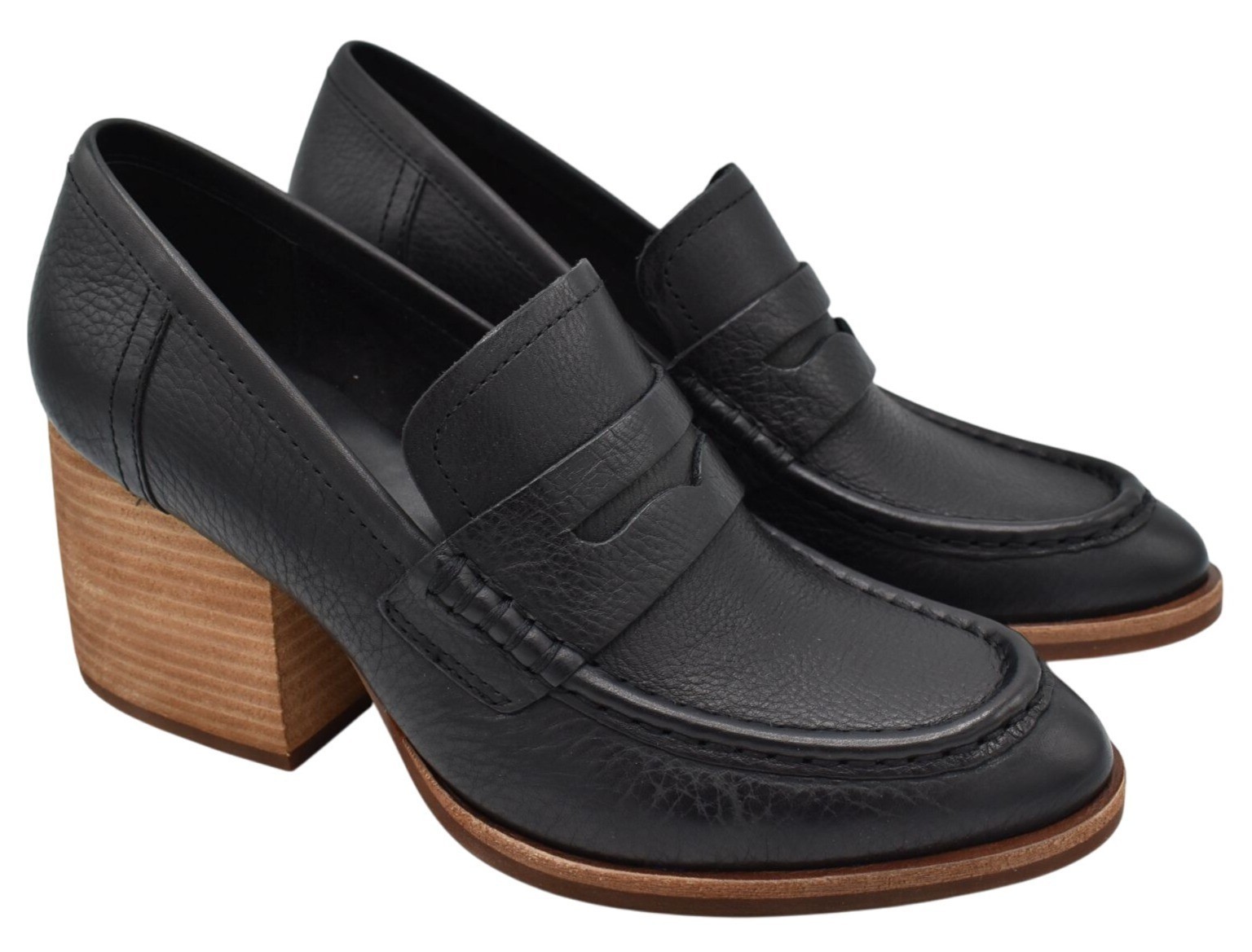 KorkEase Womens 8.5 Modeste Black Leather Stacked Heeled Penny Loafer Pump Shoes