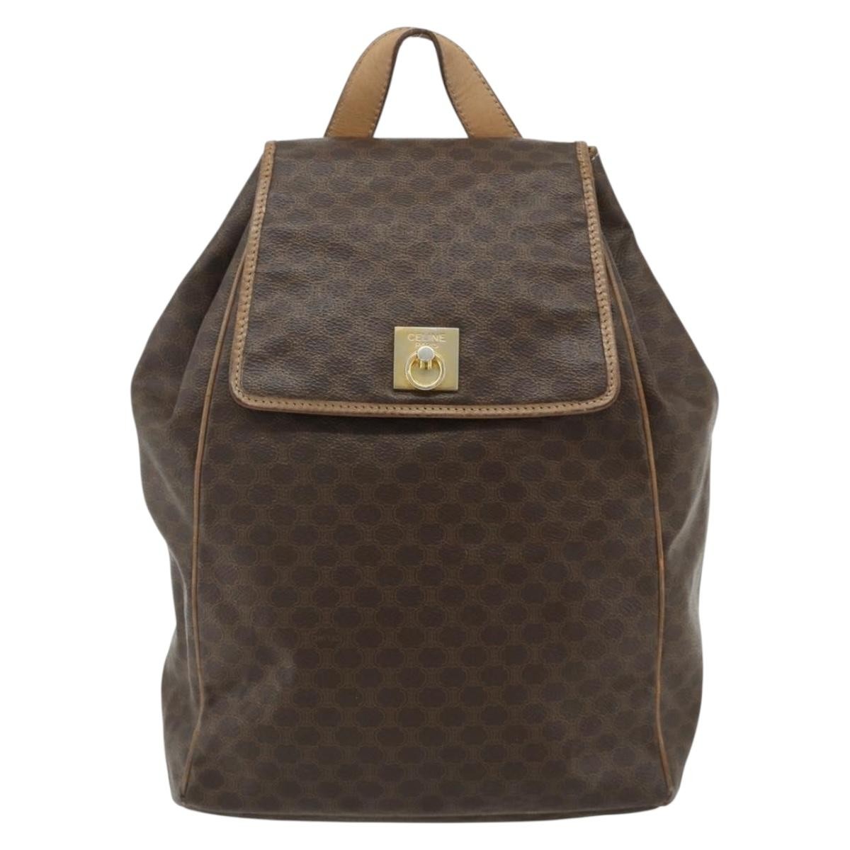 CELINE Macadam Canvas Backpack PVC Leather Brown Gold Auth fm5320