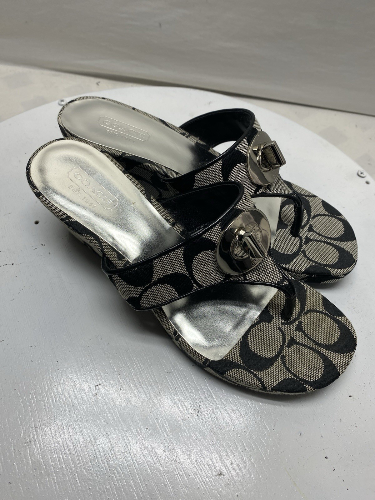 Vintage Coach CC Monogram Black and Beige Wedge Sandals with Turn Lock Size 6