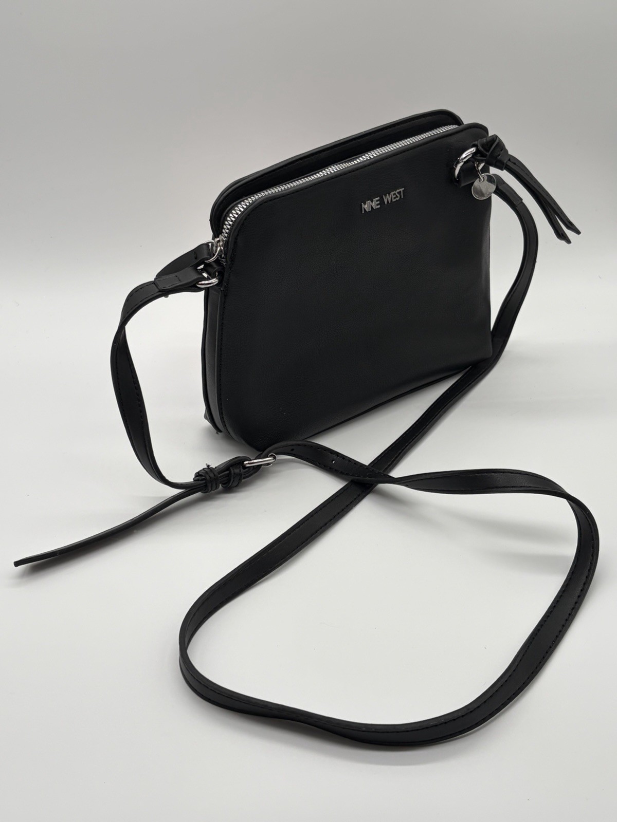 Nine West Black Crossbody Bag Purse Adjustable Strap Tassel Silver Hardware