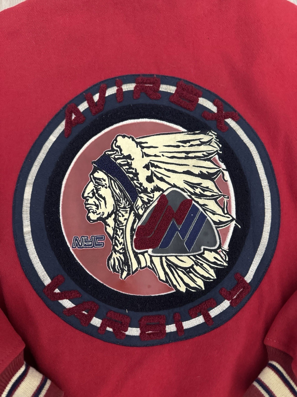 vintage Avirex NYC Rare Varsity Indian Chief Embroidered Zip Up Bomber Jacket