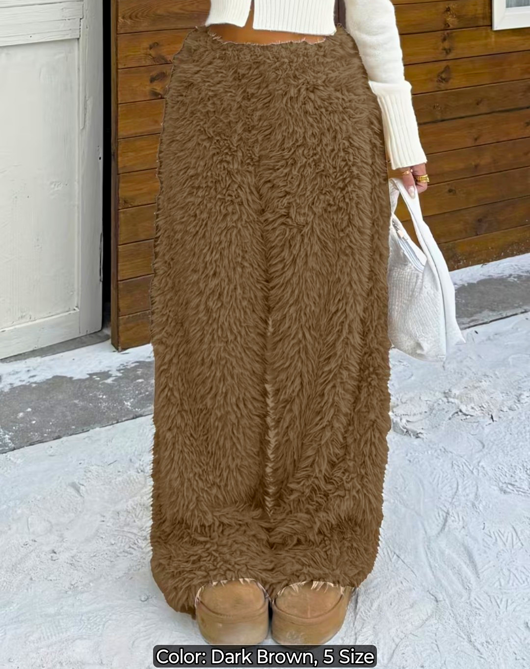 Women’s Dark Brown Faux Fur Fuzzy Wide-Leg High Rise Pants, Elastic Waist Size M