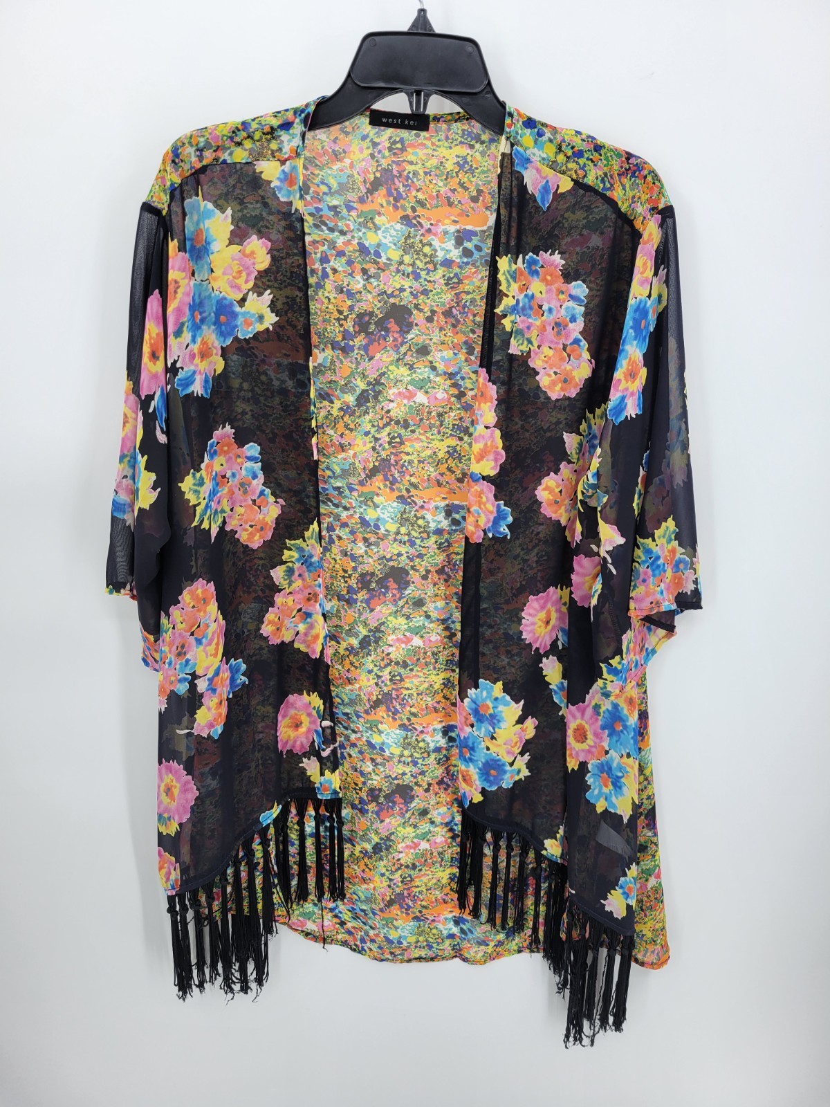 West Kei Kimono Cardigan One Size Black Floral Open Front Fringe Trim Boho Artsy