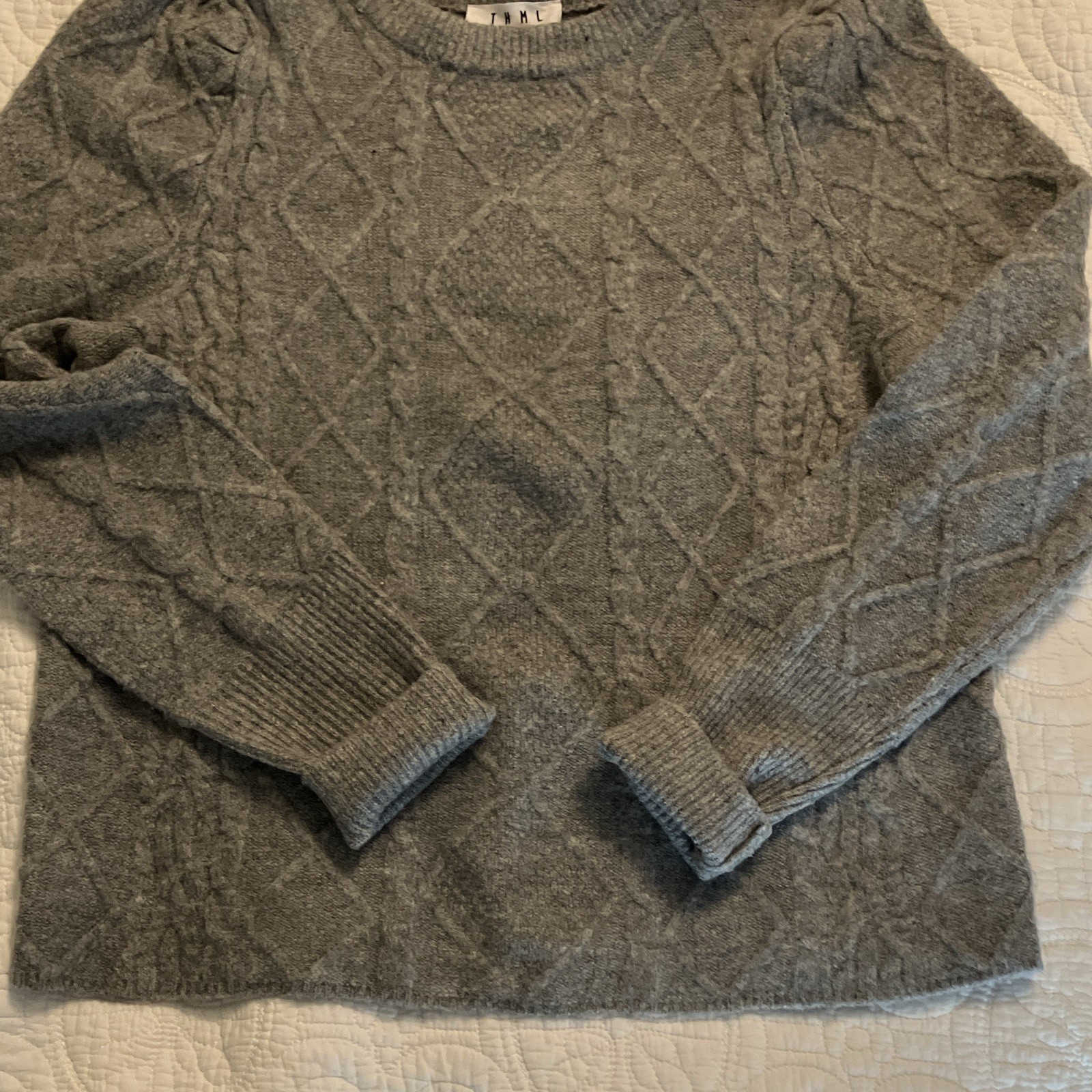 THML Womens Crewneck Pullover Sweater XS Gray Cable Knit Argyle Long Sleeve