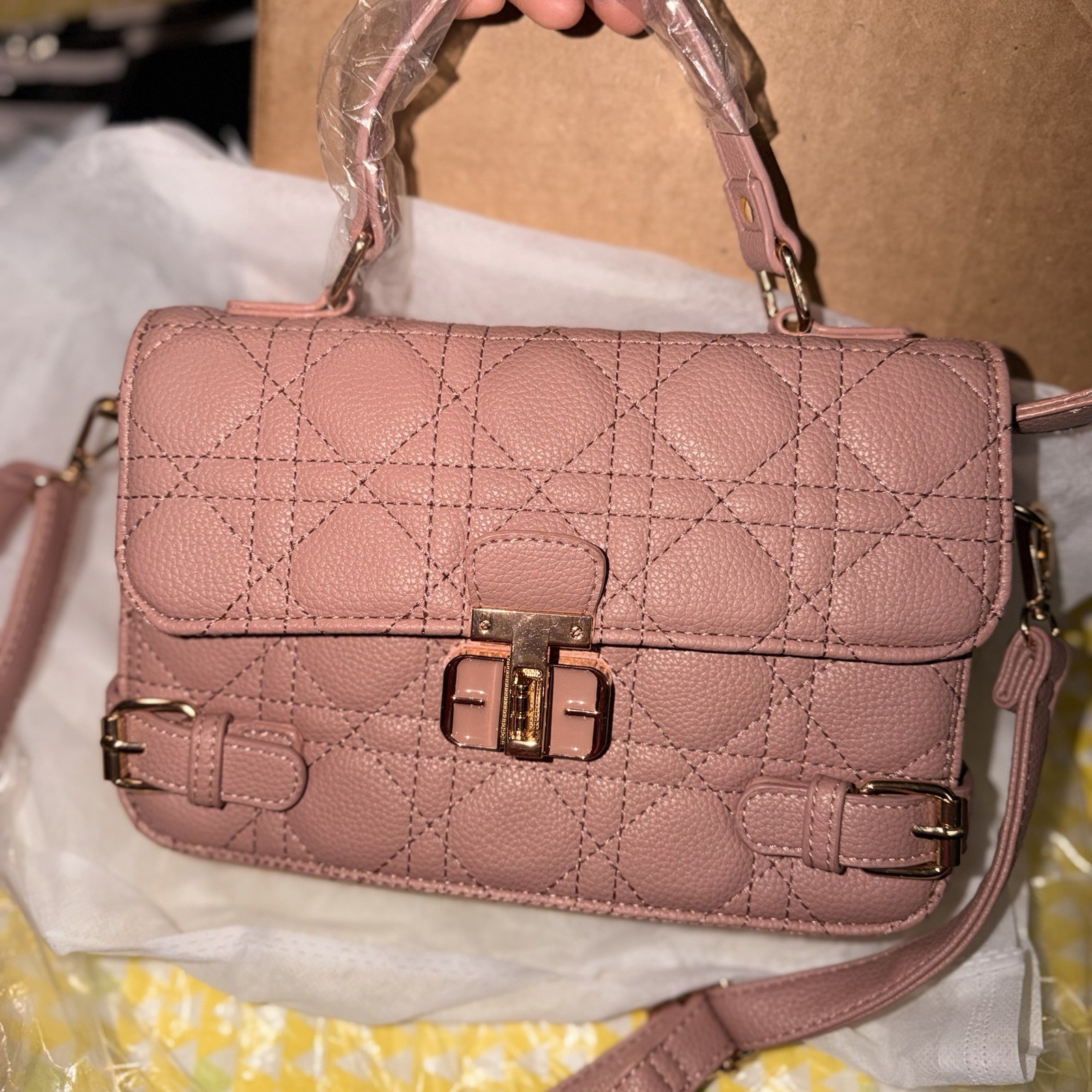 Jolene Couture Pink Quilted Satchel Top Handle Bag Buckle Accent Turn Lock