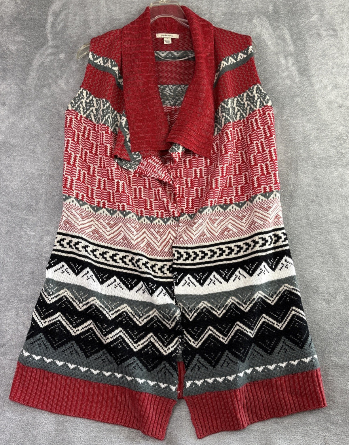 G.H. Bass Sweater Women’s M Open Front Drape Cardigan Red Black White Fair Isle