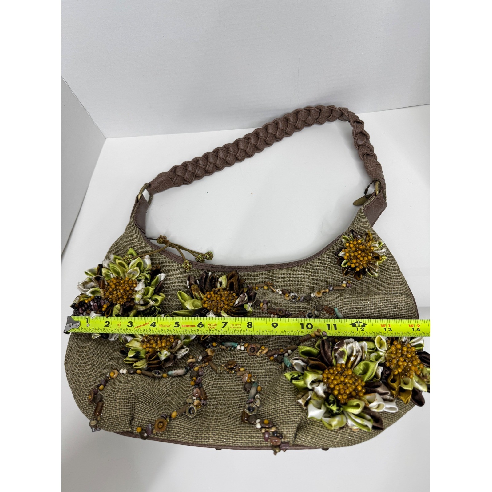 Mary Frances Olive Green Burlap Floral Embellished Beaded Hobo Bag Brown Braided