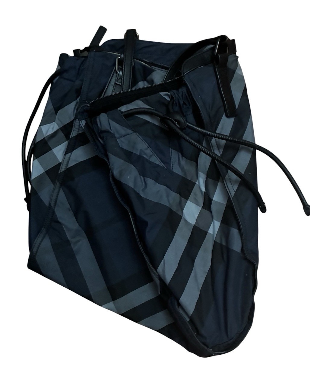 Burberry Navy Gray Plaid Tote Bag Leather Trim Zip Drawstring Detachable Strap