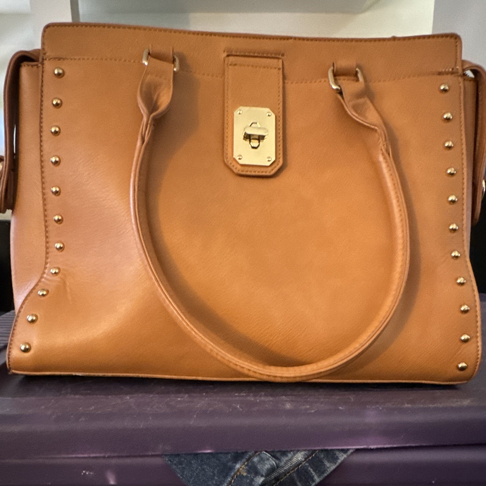 Tan Studded Satchel Top Handle Bag Turn Lock Double Handles Gold Hardware