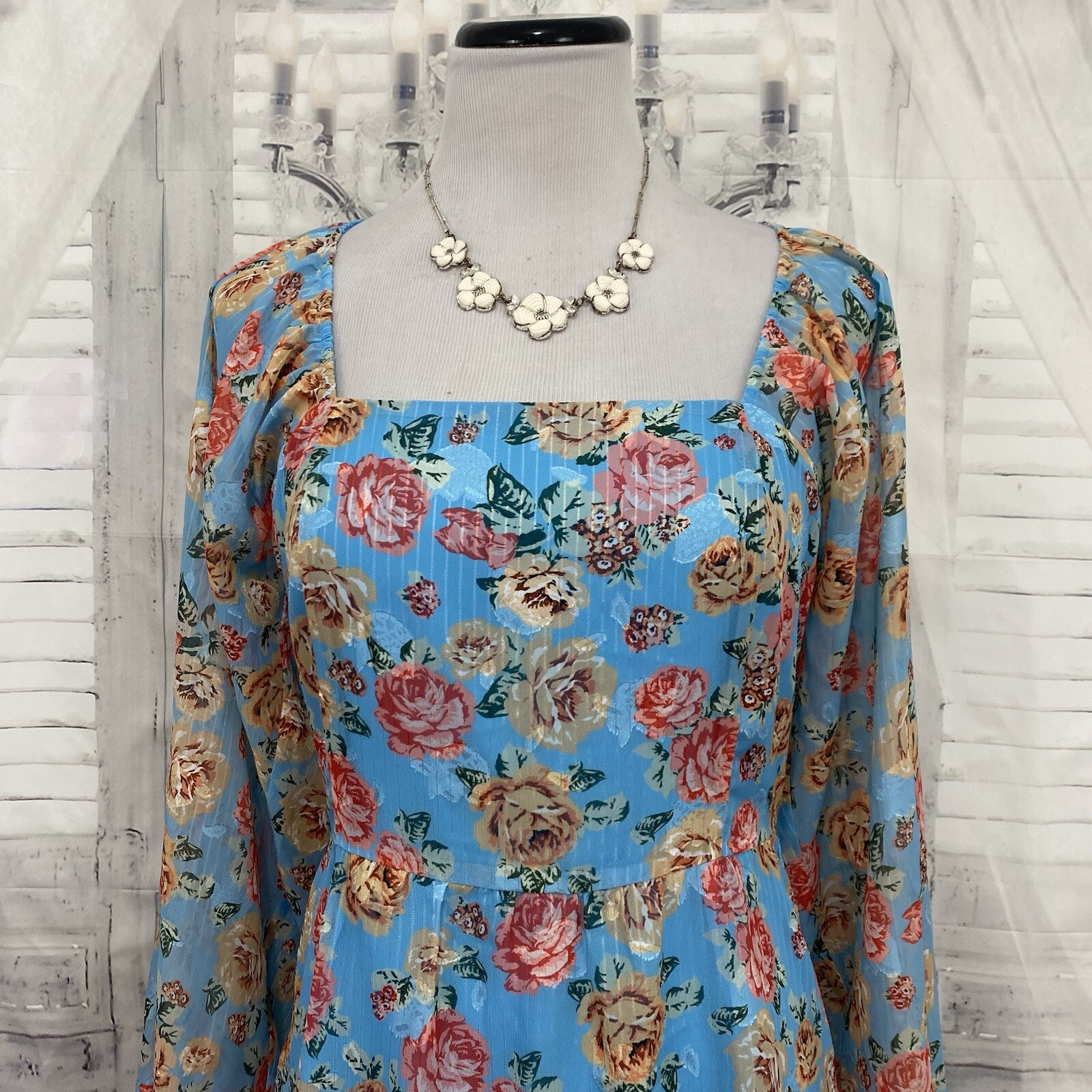 Adelyn Rae Medium Blue Floral Vero Poet Sleeve Ruffle Hem A-Line Square Neck B29