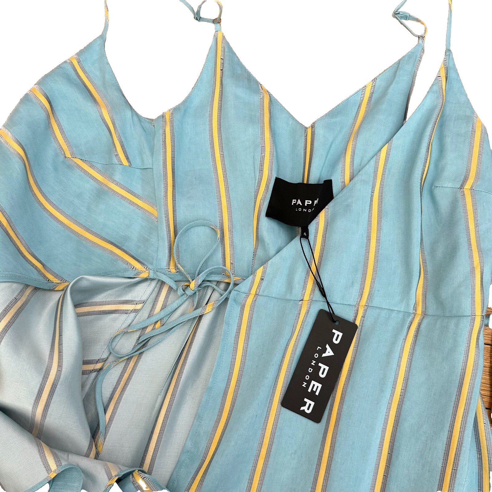 PAPER LONDON NWT Peonie Ruffled Striped Linen Rayon Midi Wrap Dress Blue Size 4