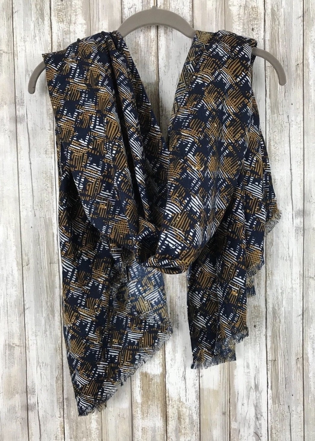 Koan Navy Blue Tan Brown Print Scarf Large Wrap 41×71 NEW