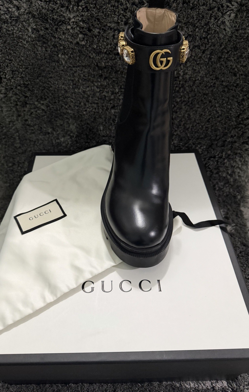 Gucci Magnum Calf Leather Ankle Boot 60mm Black Crystal Belt Size 39 1/2
