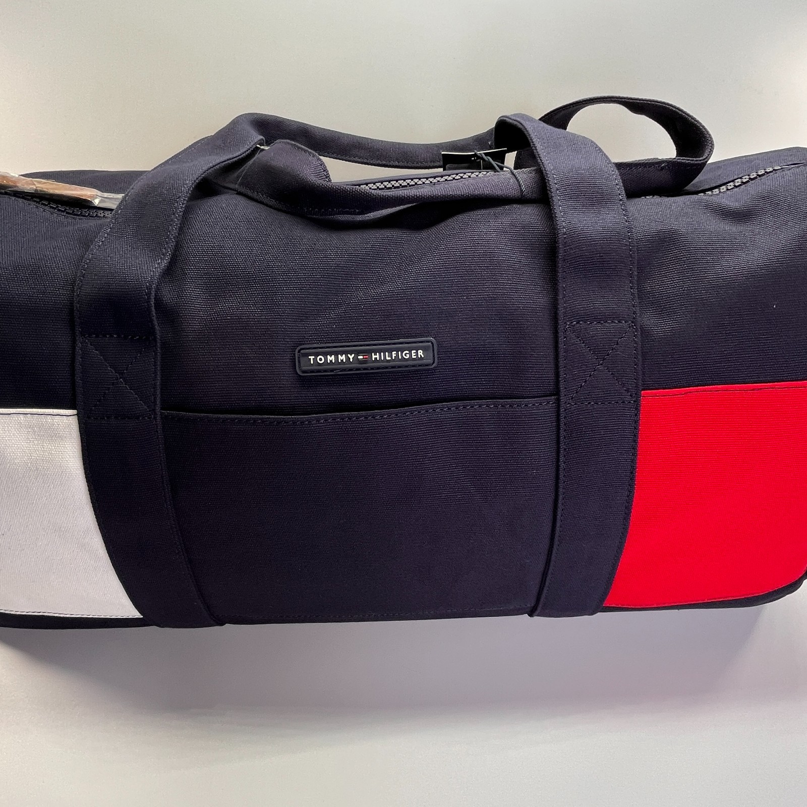 Tommy Hilfiger Duffle Bag Colorblock Navy Red White Canvas Gym Travel Weekender