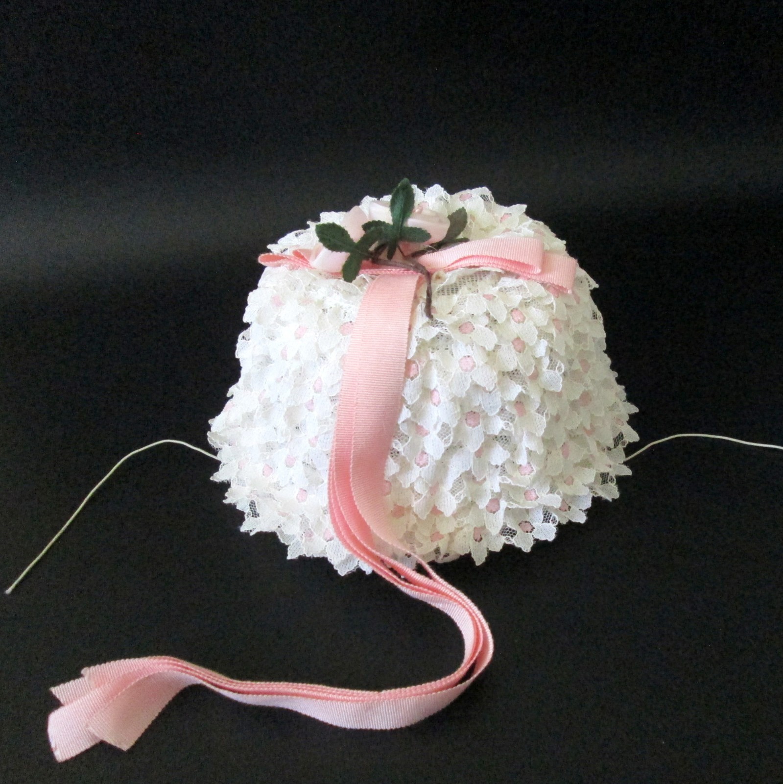 Vintage Lace Ruffle Pillbox Hat Ribbon Roses Grosgrain Ribbon Wedding Church