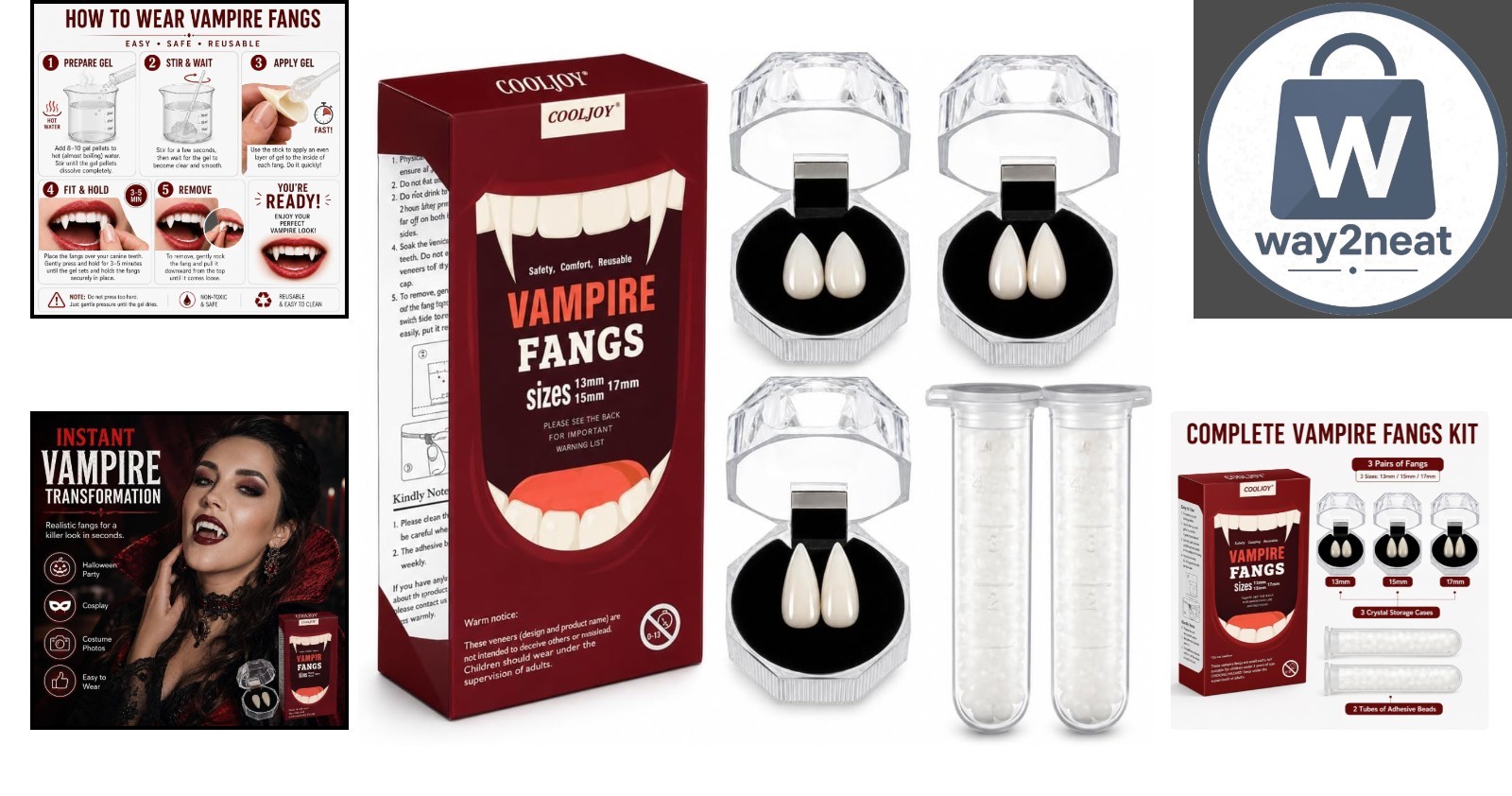 Realistic Vampire Fangs with 3 Sizes and Adhesive – Ideal for Halloween Parties