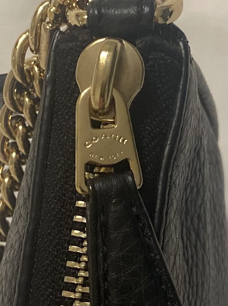 Coach Nolita 15 Clutch Black Pebbled Leather Wristlet Pouch w/ Gold-Tone Chain