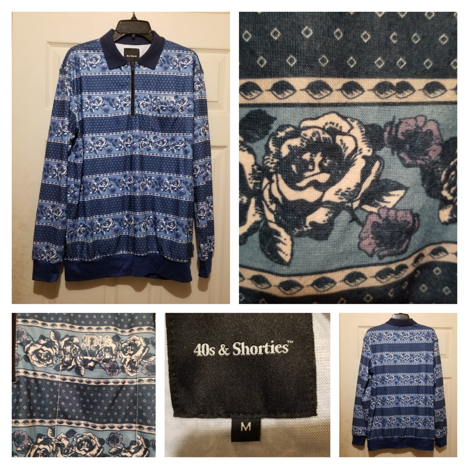 40s and Shorties Shirt Mens Medium Blue Floral Geometric Pullover Sweater – EUC