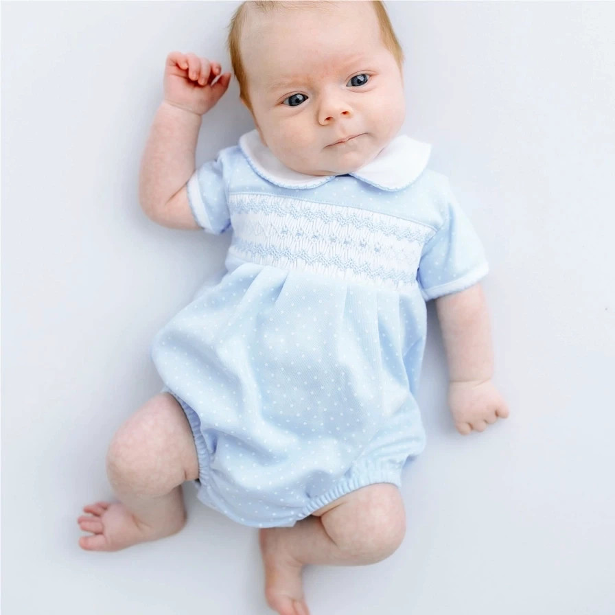 NWT Magnolia Baby Luca’s Blue Smocked 6M Pima Cotton Bubble Romper Boys 6 Months