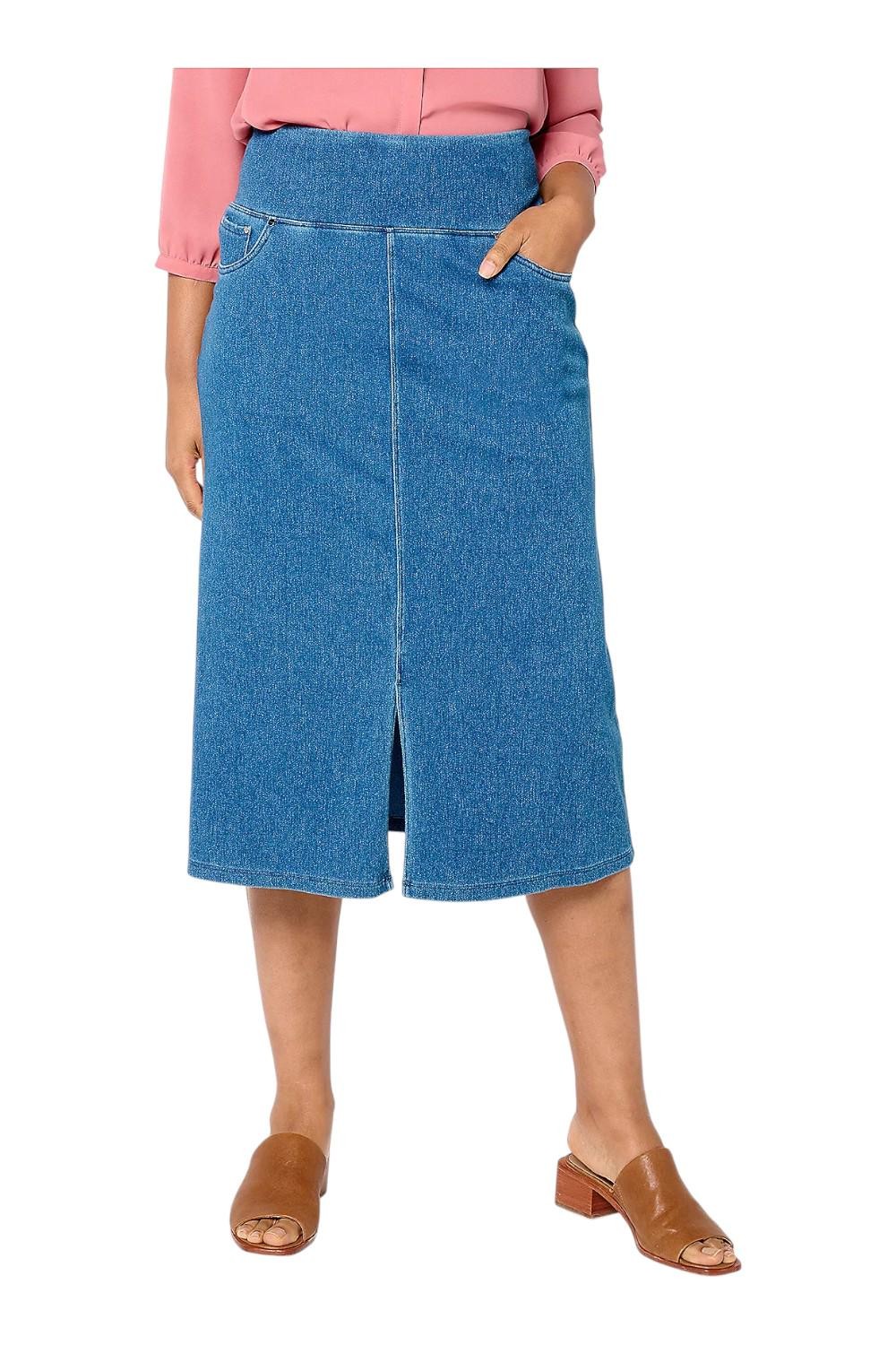 Women with Control Women’s Prime Stretch 2 Denim Midi Skirt Midwash