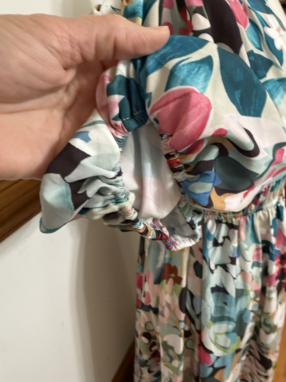 Sissyaki M Multicolor Floral Chiffon Maxi Dress V-Neck Puff 3/4 Smocked