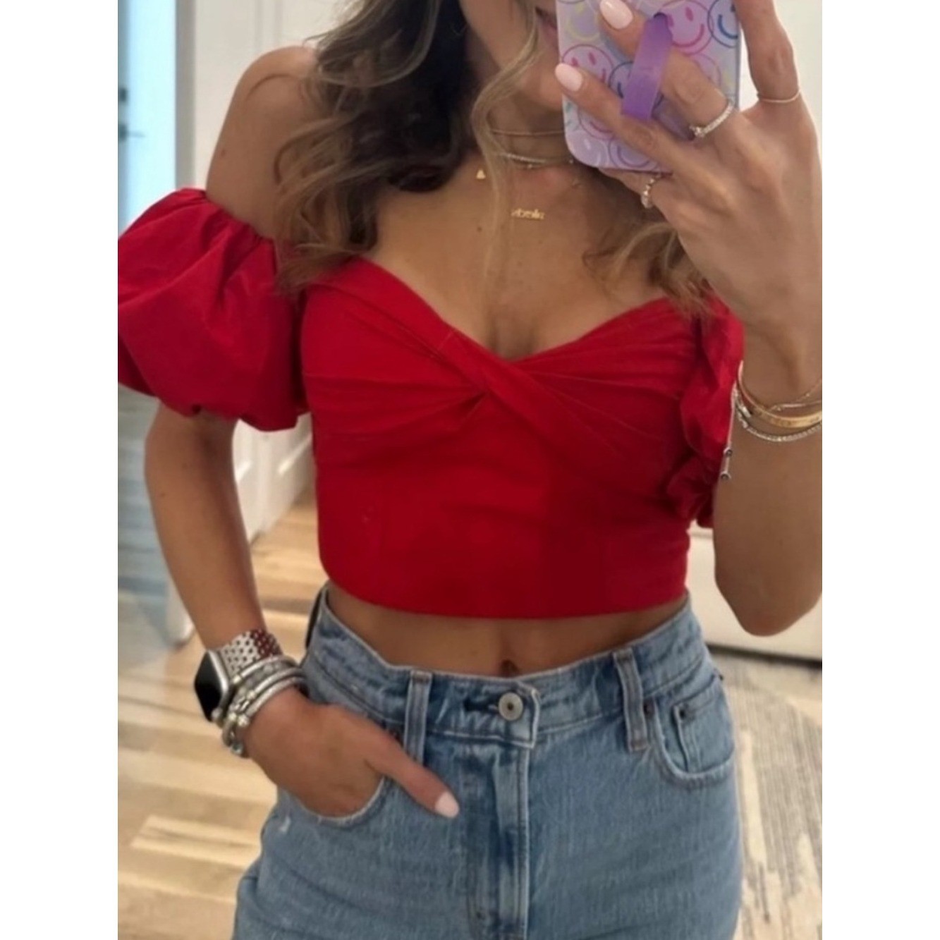 Abercrombie & Fitch Red Off-Shoulder Puff-Sleeve Crop Top