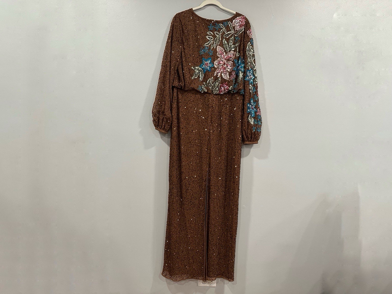 Mac Duggal 5615 Mocha High Neck Long Sleeve Sequin Gown Sz 16 NWOT