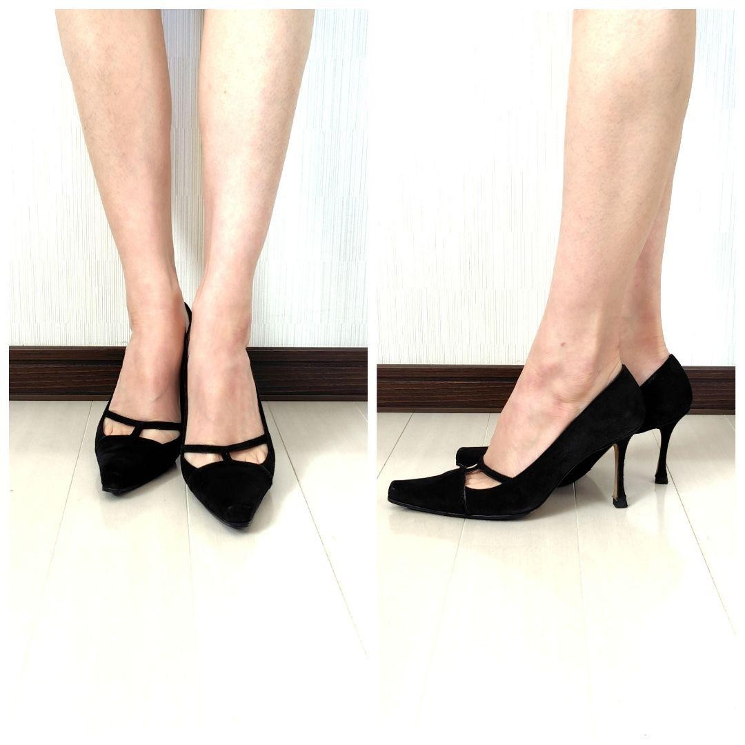 Rare Manolo Blahnik Black Suede Double Strap Pumps 35.5 8.3cm Heel Refurbished