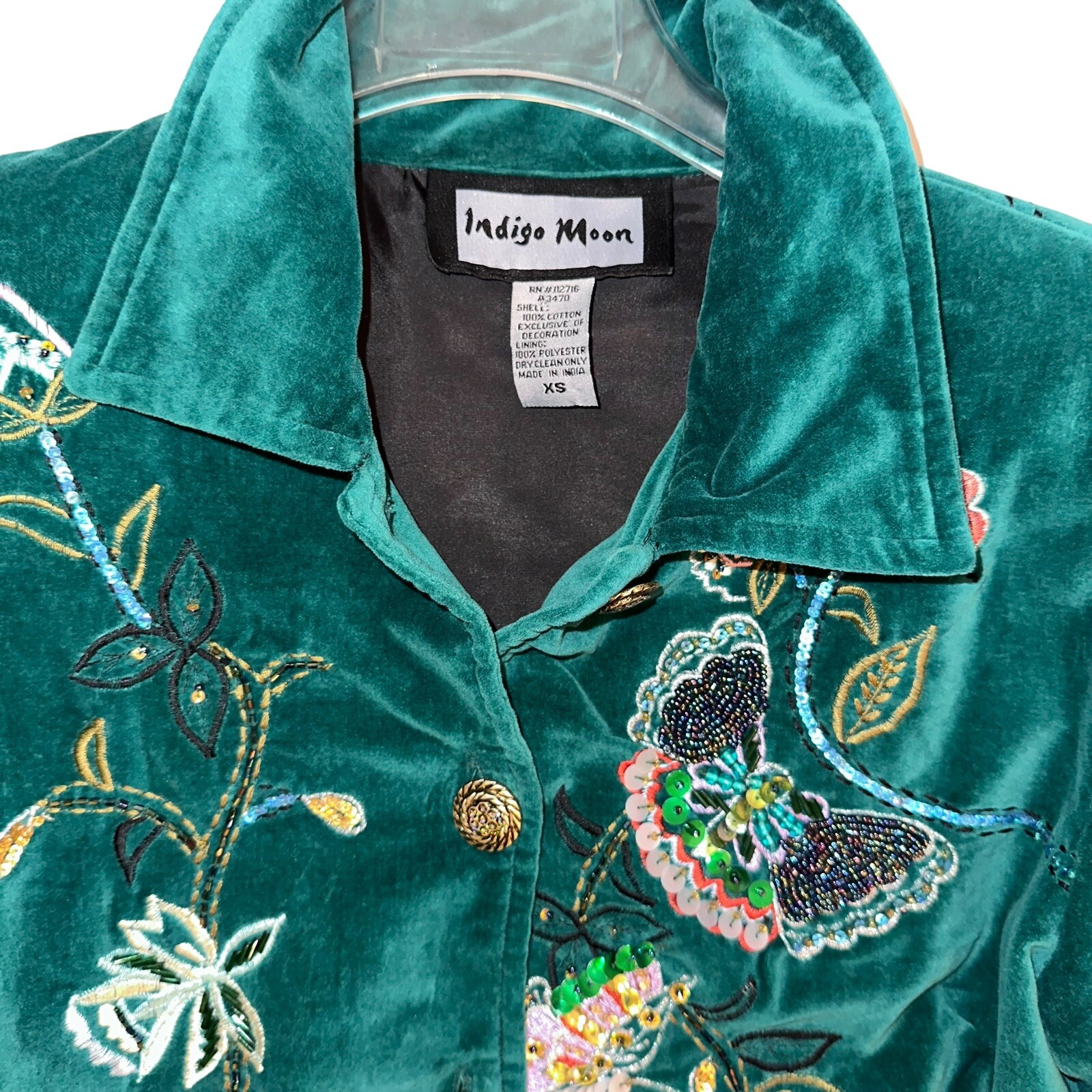Indigo Moon Jacket Green Velvet Velour Embroidered Sequin Womens Boho Size XS